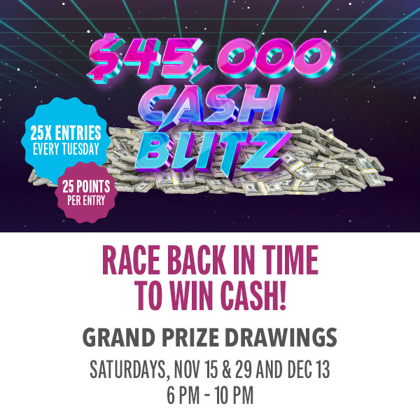 Play your way into retro riches with hourly cash prizes during the $45,000 Cash Blitz.