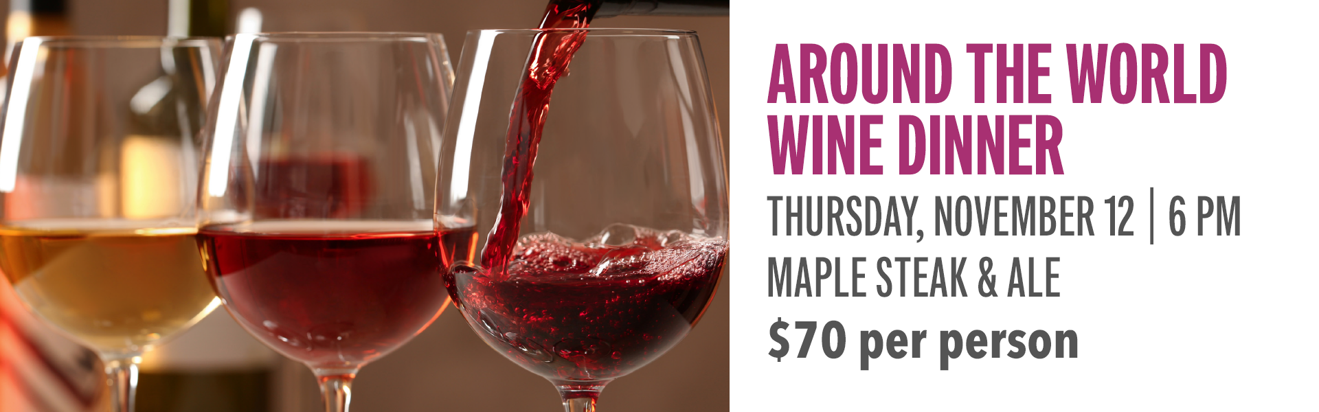 Join us for a six-course dining experience featuring wine pairings from California’s renowned valleys and France's iconic vineyards, as well as Sicily and Spain, expertly matched with exotic game and premium cuts. Seating is limited. Reserve your spot today!